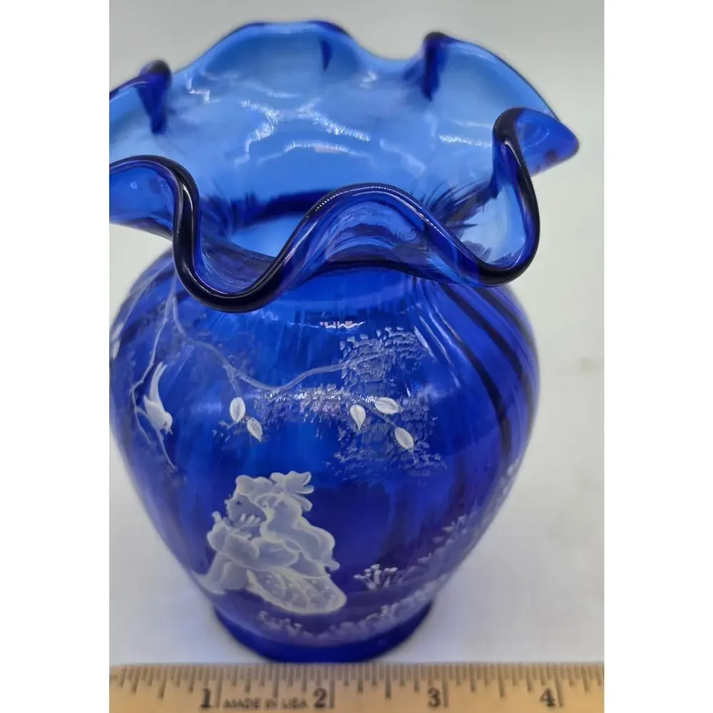Fenton Blue Mary Gregory Art Glass Vase Hand Painted Signed Sue Jackson